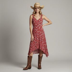 American Rag Sz Small Red Floral Slouchy Shark Bite Midi Dress Country Festival